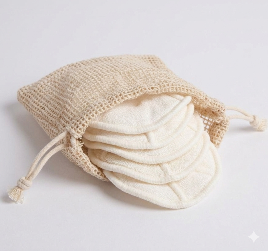 et of 5 natural white reusable makeup remover pads spilling out of a beige mesh drawstring bag.